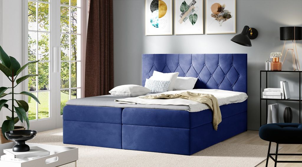Bett Boxspring TIBOR – 200x200, blau + ER Topper