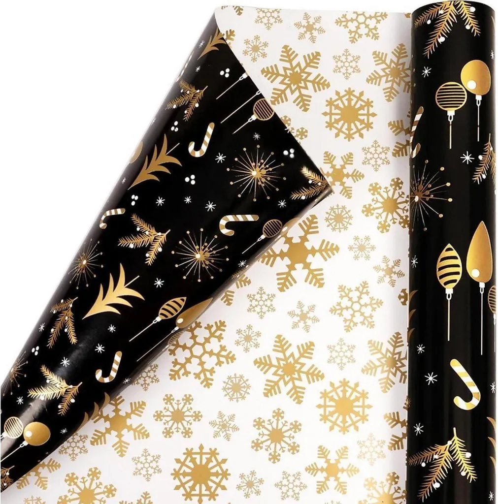 Papier cadeau résistant noir et or 10M, ne se déchire pas Noël