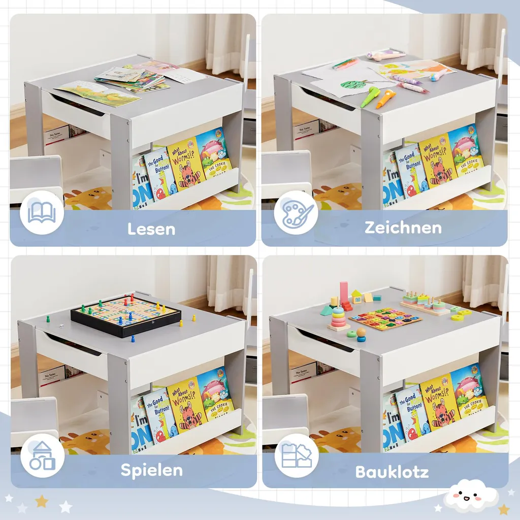 Table Enfant avec Tableau Noir et 2 Chaises Grises à Grand Rangement