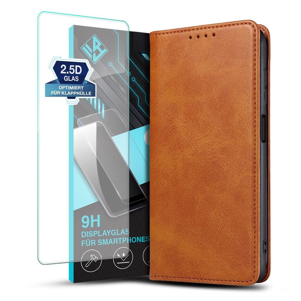 Handyhülle für Samsung Galaxy A25 5G mit 9H Displayglas Kunstleder Flip Cover Hülle Handytasche Case Kartenfach Farbe: Hellbraun