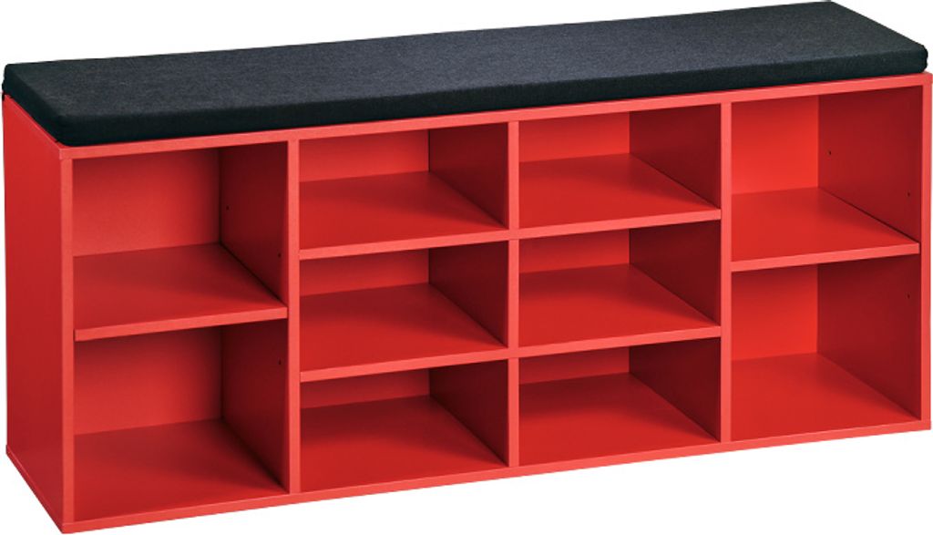 A red shoe cabinet with a black seat cushion on top, shown against a white background.
