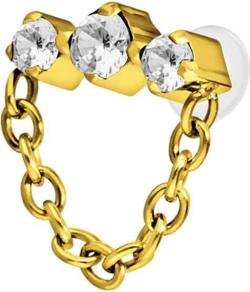 Ohrpiercing, Nasenpiercing PTFE Labret mit Innengewinde + Titan-Aufsatz 3 EINGEFASSTE KRISTALLE + KETTE Gold Stablänge: 6mm | Stabstärke: 1,6mm