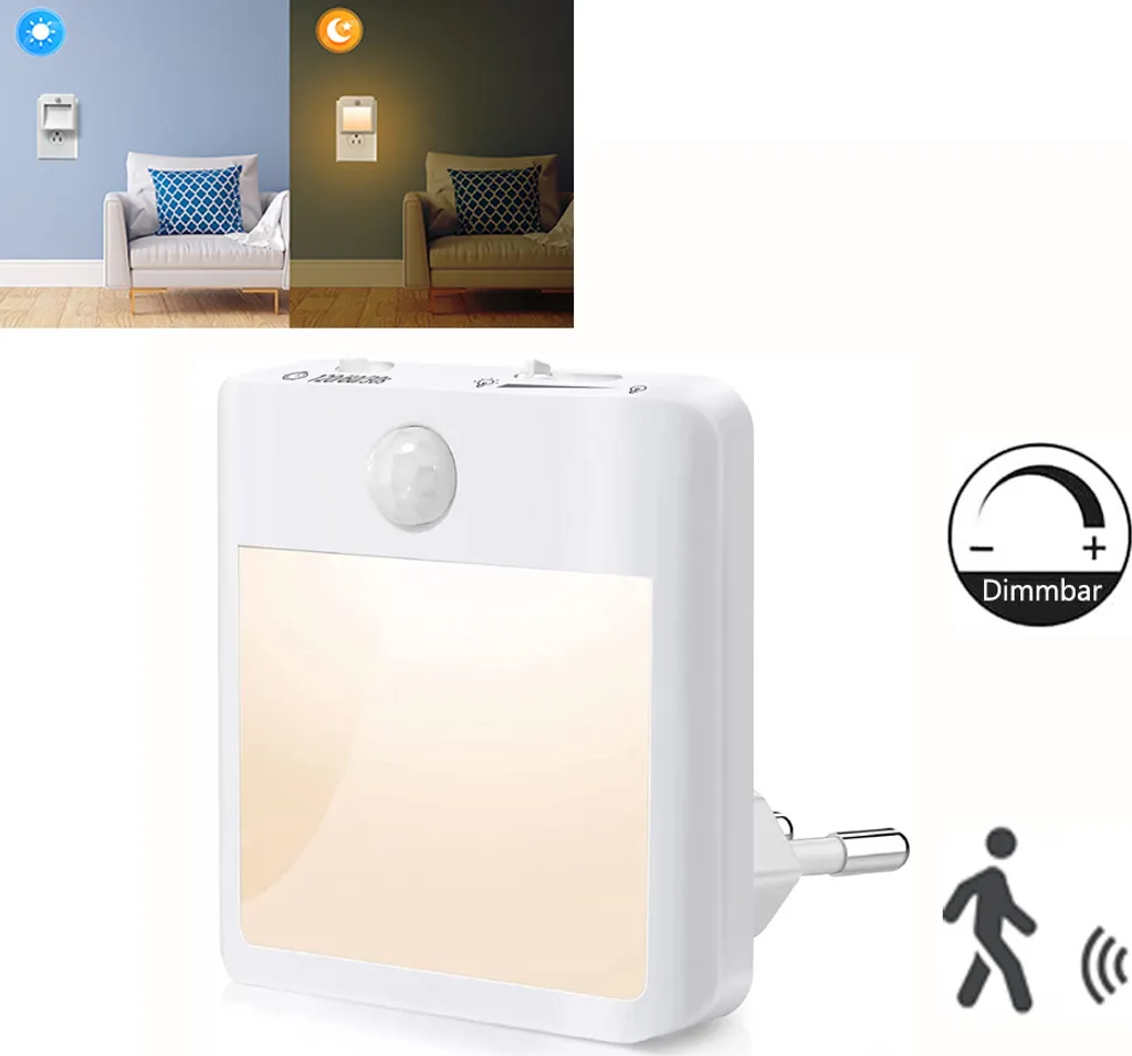 Presa di luce notturna a LED Dimmerabile con sensore crepuscolare e rilevatore di movimento Basso consumo Camera da letto Soggiorno Corridoio Scale del seminterrato, Bianco caldo