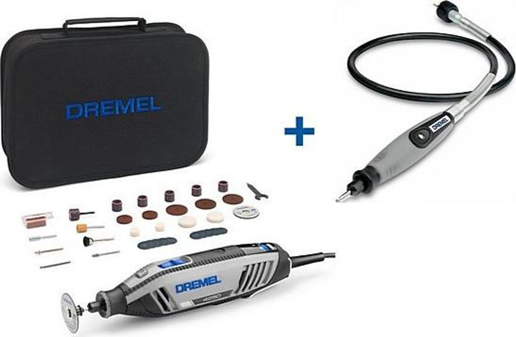 A collage of a Dremel tool kit, including a storage case, a rotary tool, a flex shaft attachment, and various accessories.