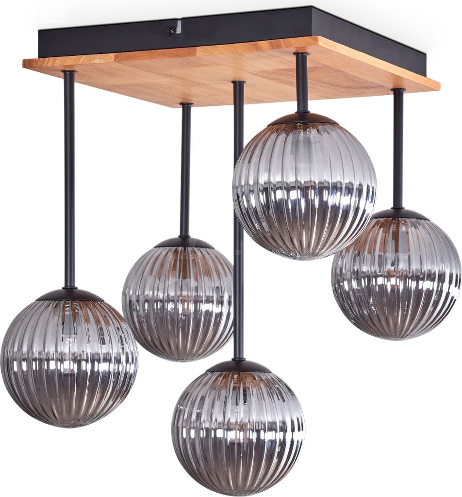 Isorella Deckenlampe aus Metall/Holz/Riffelglas in Schwarz/Natur/Rauchfarben