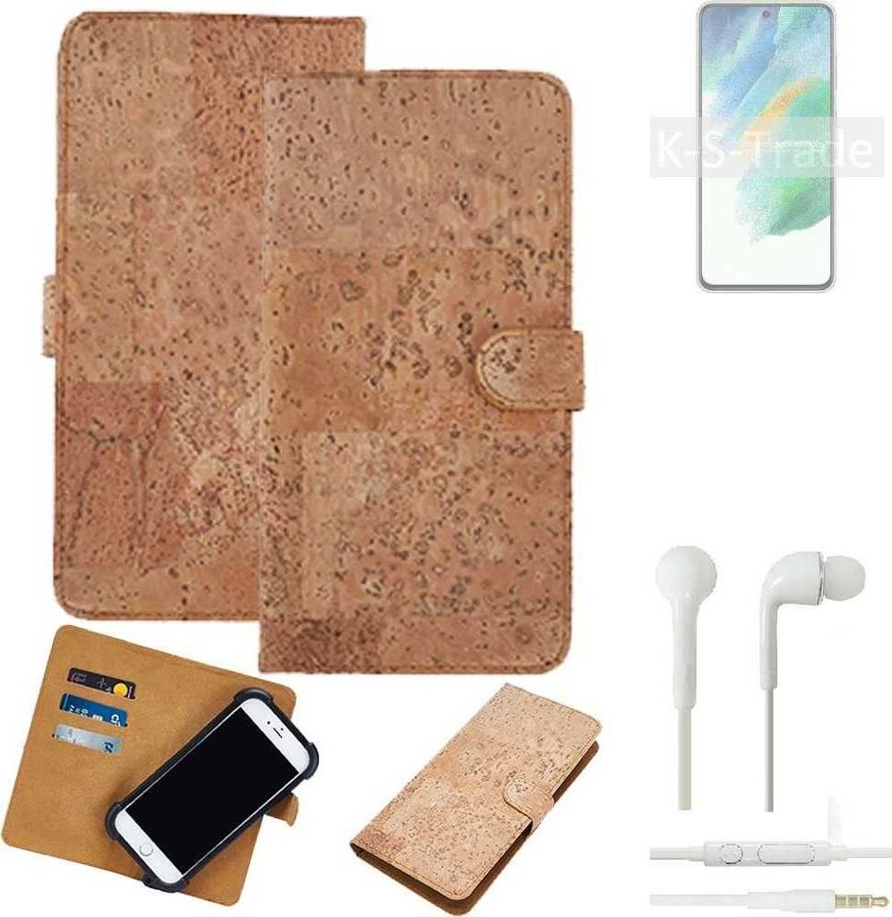 K-S-Trade Hülle kompatibel mit Samsung Galaxy S21 FE SD888 + in ear Kopfhörer Kork Handyhülle Cover Schutzhülle TPU Case Bumper in Hellbraun,