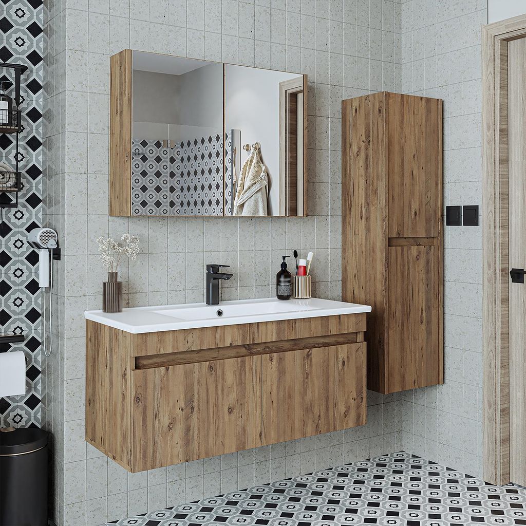 Roomart ATRIA-100 Badmöbel Set– 4-teiliges Badezimmermöbel Set - Waschbeckenunterschrank mit Keramikwaschbecken, Spiegelschrank & Hochschrank -...