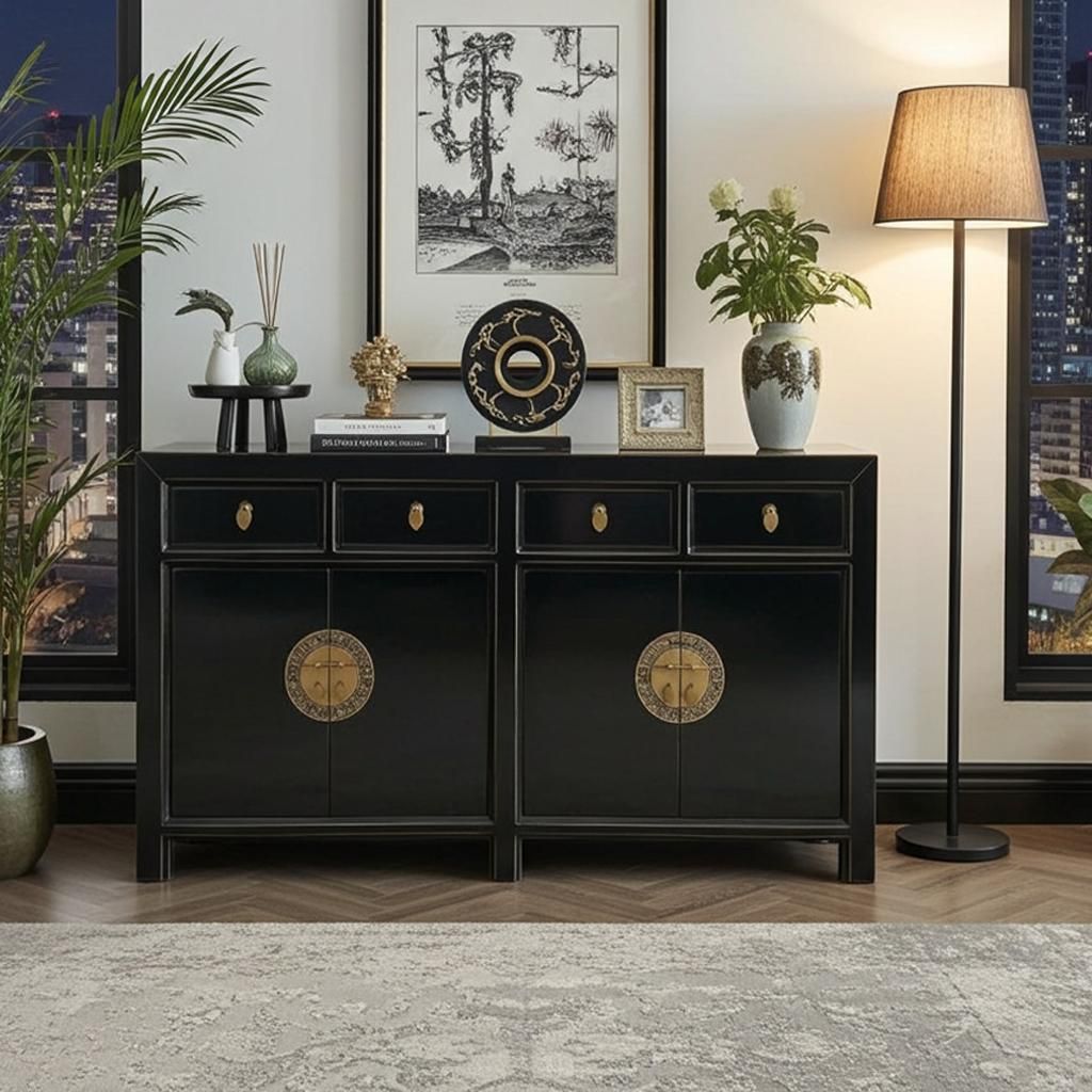 Sideboard Kommode Schrank Anrichte Büffet Asia Möbel aus Holz schwarz chinesisch asiatisch orientalisch Vintage Stil