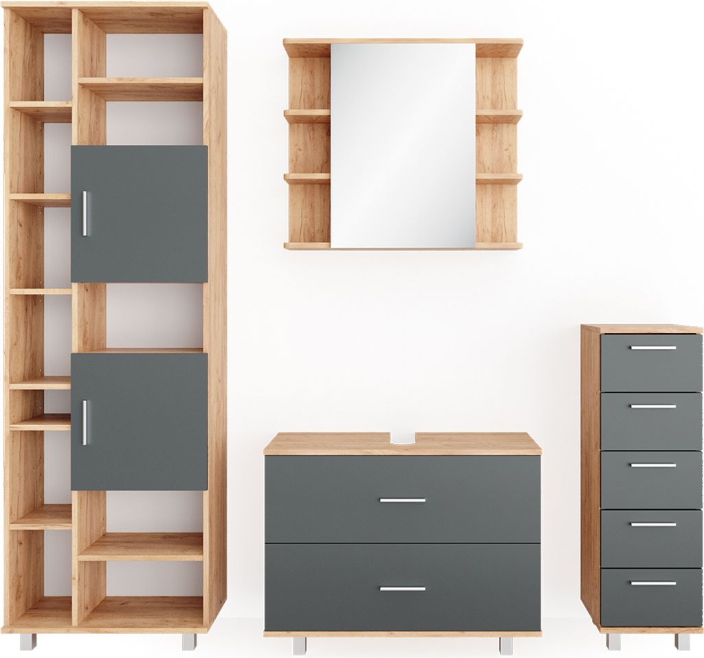 Badmöbel-Set Vicco Ilias Anthrazit/Goldkraft Eiche 4 Teile, mit Hochschrank, Model 34664
