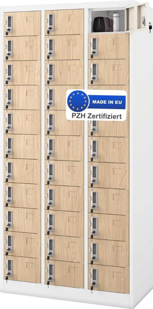 Schließfachschrank Spind PORTO - 33 Fächer, Etikettenhalter | Wertfachschrank Umkleideschrank Metall Kleiderspind, 185x90x45cm Weiß-Sonoma Eiche