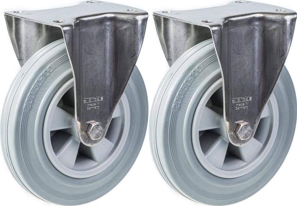 200mm 8" Edelstahlrollen grau Gummi, feststehend, 410kg, 2er Set