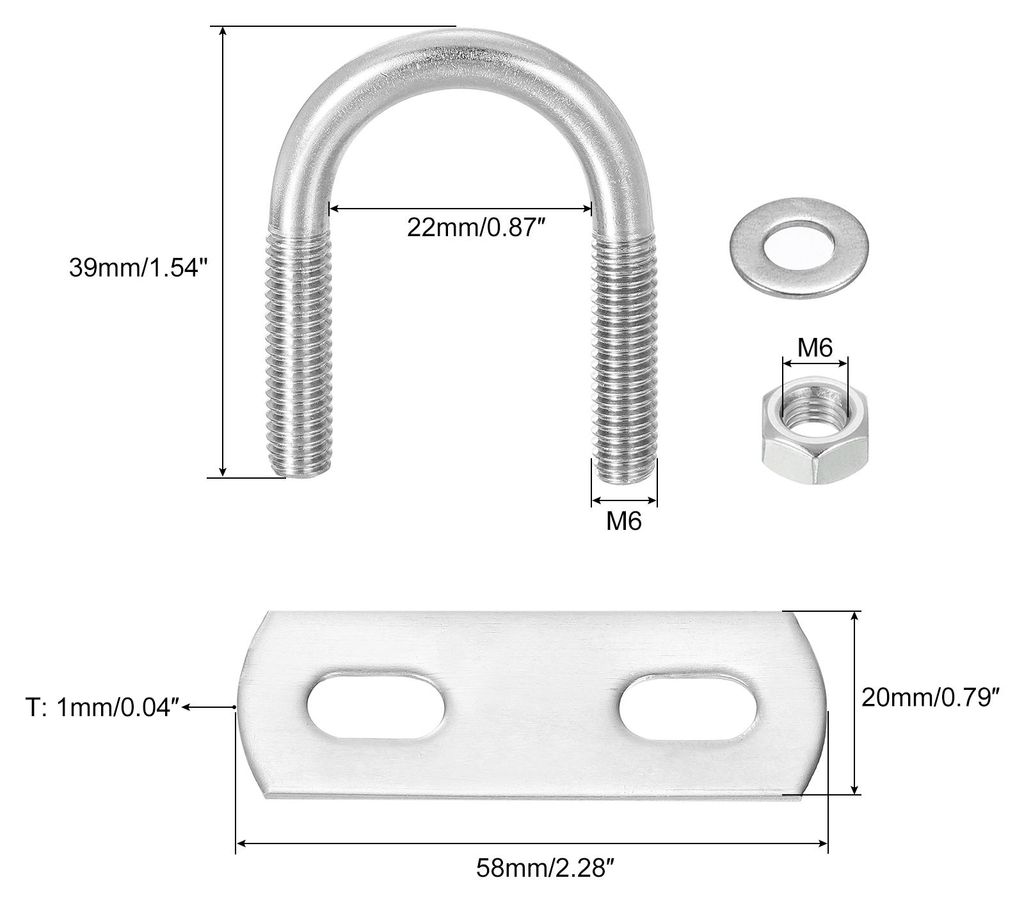8 Set U Schrauben M6 x 20mm ID x 39mm L?nge Runde U Bš¹gelschraube Edelstahl 304 Klammer Schellen U-Bolzen mit Gewinde Muttern Rahmenplatte Unter...