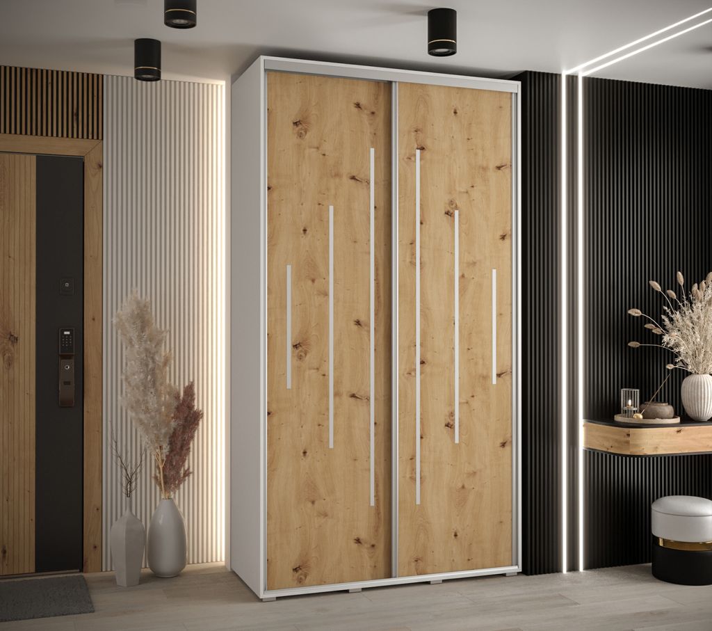 Kleiderschrank YVONA 12 - 140/45 cm, weiß / Eiche handwerklich / silber