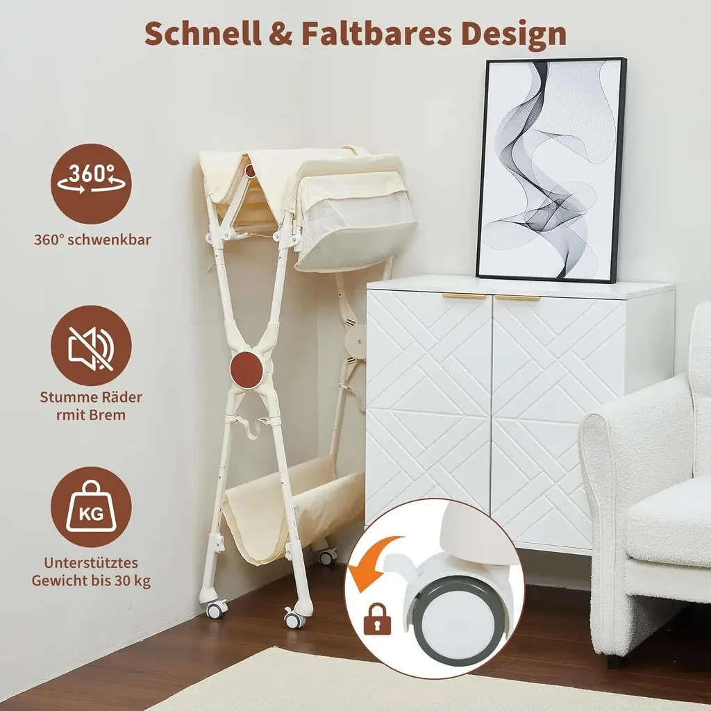 Table à langer pliable beige avec rangement et tringle à vêtements