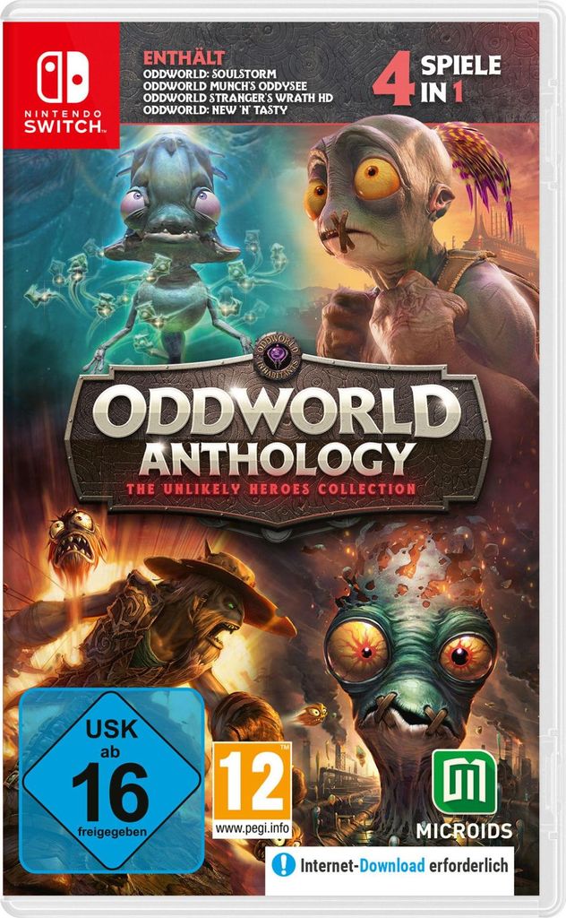 The image shows the front cover of a Nintendo Switch game case for Oddworld Anthology - The Unlikely Heroes Collection.