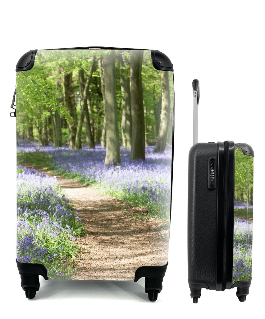 MuchoWow Koffer Handgepäck Trolley Rollkoffer Kleine Reisekoffer mit 4 Rollen - Wald - Weg - Blumen - Lila - Grün - Natur - Cabin Size < 55x40x...