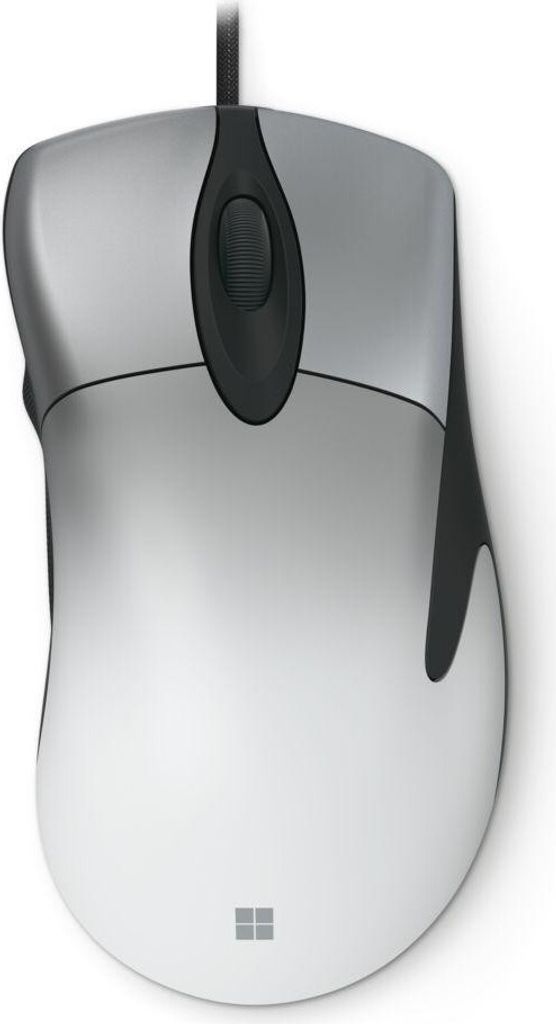 A top-down view of a silver and black Microsoft Pro IntelliMouse on a white background.