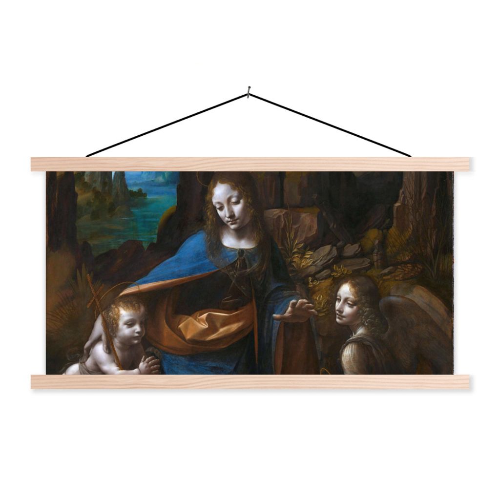 MuchoWow Textilposter Jungfrau auf dem Felsen - Leonardo da Vinci 60x30 cm mit holzfarbenen Rahmen - Dekoration