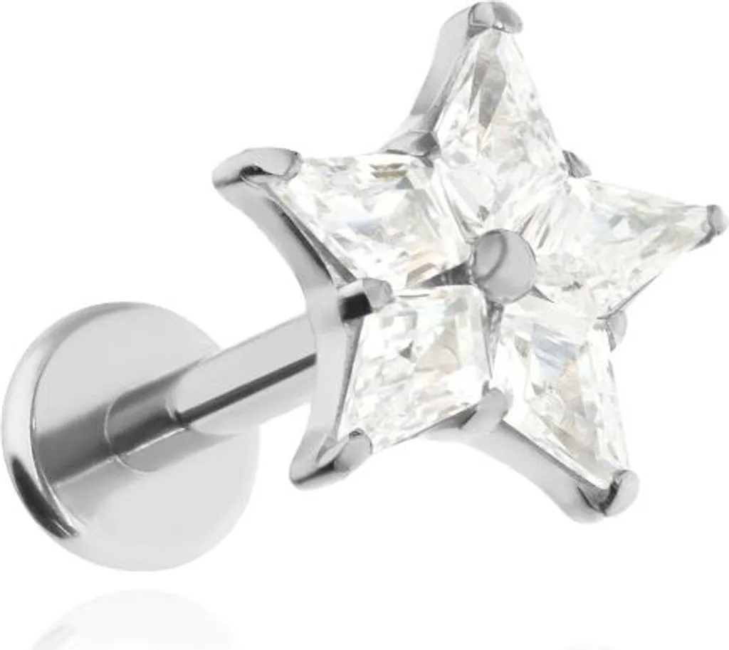 Piercing Labret Tragus ou Helix Étoile Argentée en Titane et Brillant