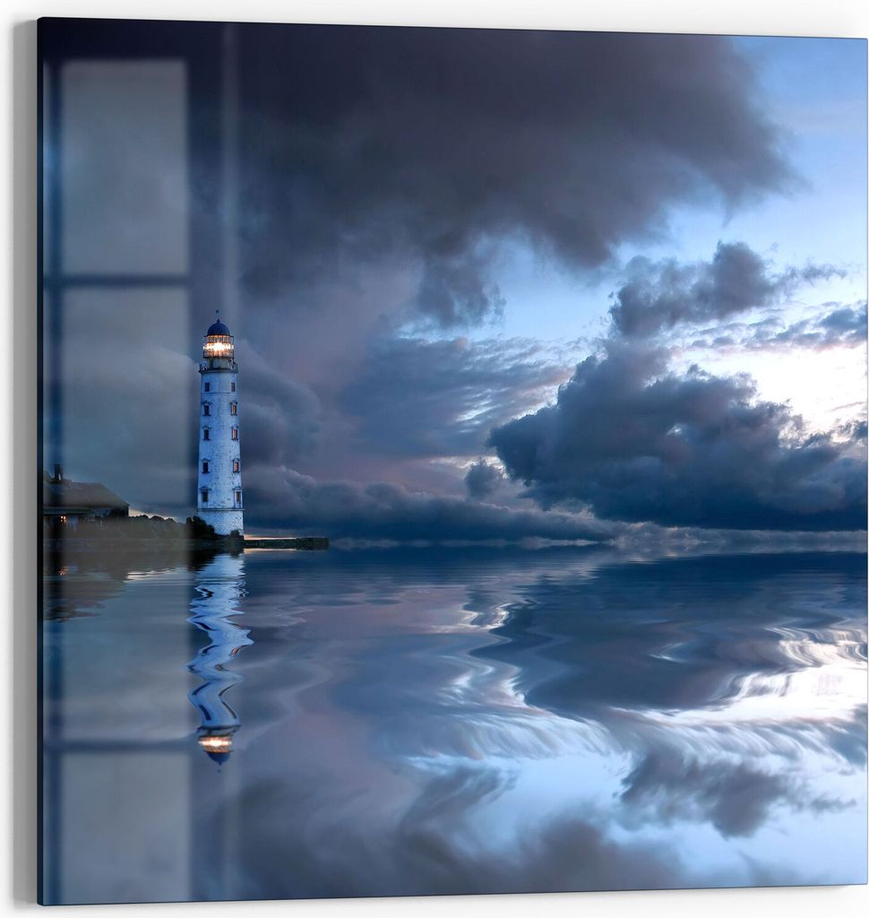 DEQORI Glasbild Echtglas 50x50 cm 'Leuchtturm im Abendlicht' Wandbild Bild modern Deko