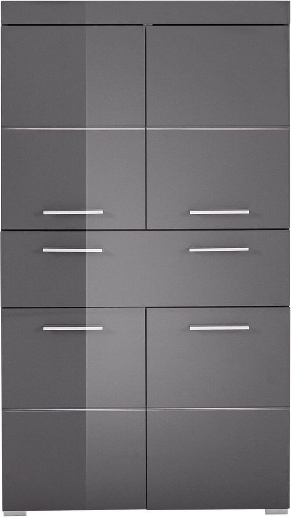 A front view of a gray storage cabinet with multiple doors and drawers.