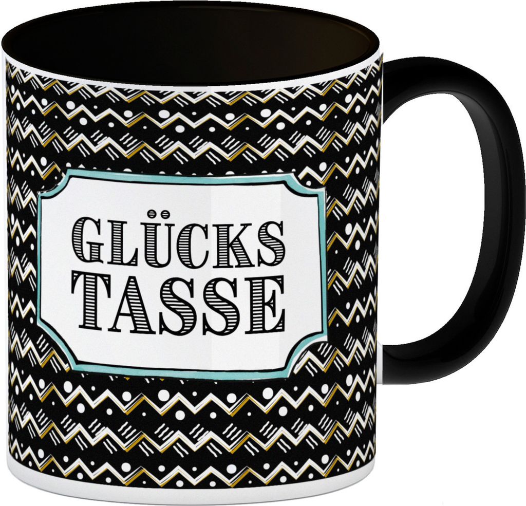 Kaffeebecher Henkel und Innenseite Schwarz mit Glückstasse Motiv