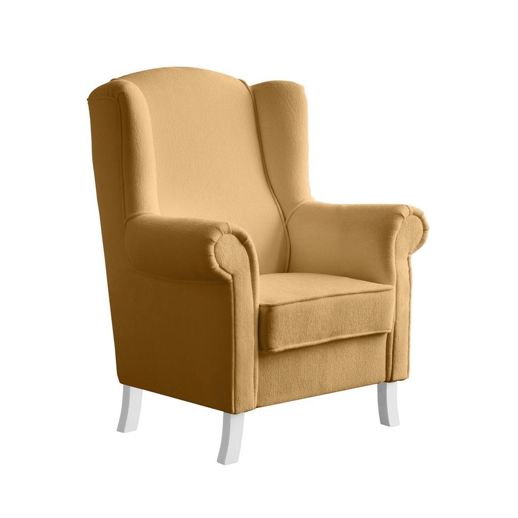 Ohrensessel LEONARDO Relax Sessel für Wohnzimmer, Polstersessel, Bouckle SenfGelb, Holzbeine Weiß