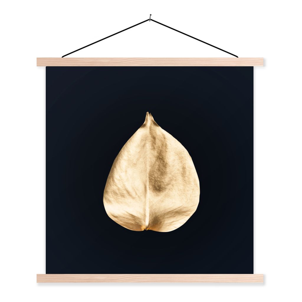 MuchoWow Textilposter Blätter - Schwarz und Gold - Schwarz - Gold - Luxus 40x40 cm mit holzfarbenen Rahmen - Posterleiste