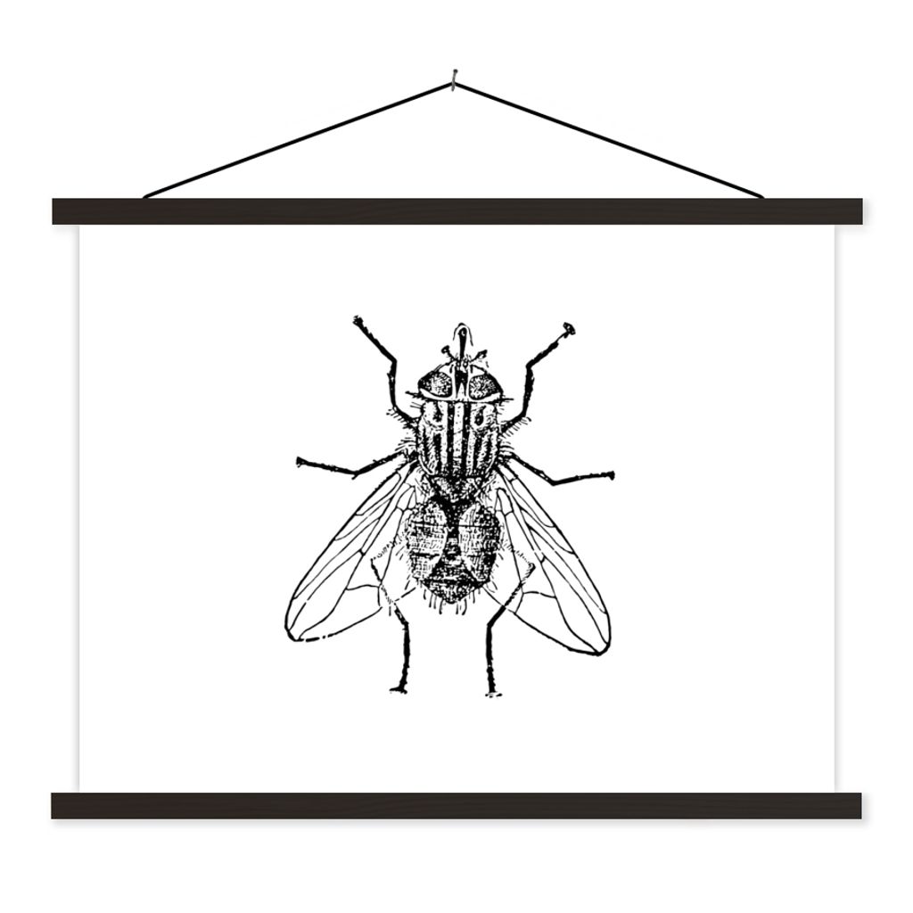 MuchoWow Textilposter Fliege - Tiere - Vintage - Schwarz und weiß 120x90 cm mit schwarzem Rahmen - Aufhänger für Poster