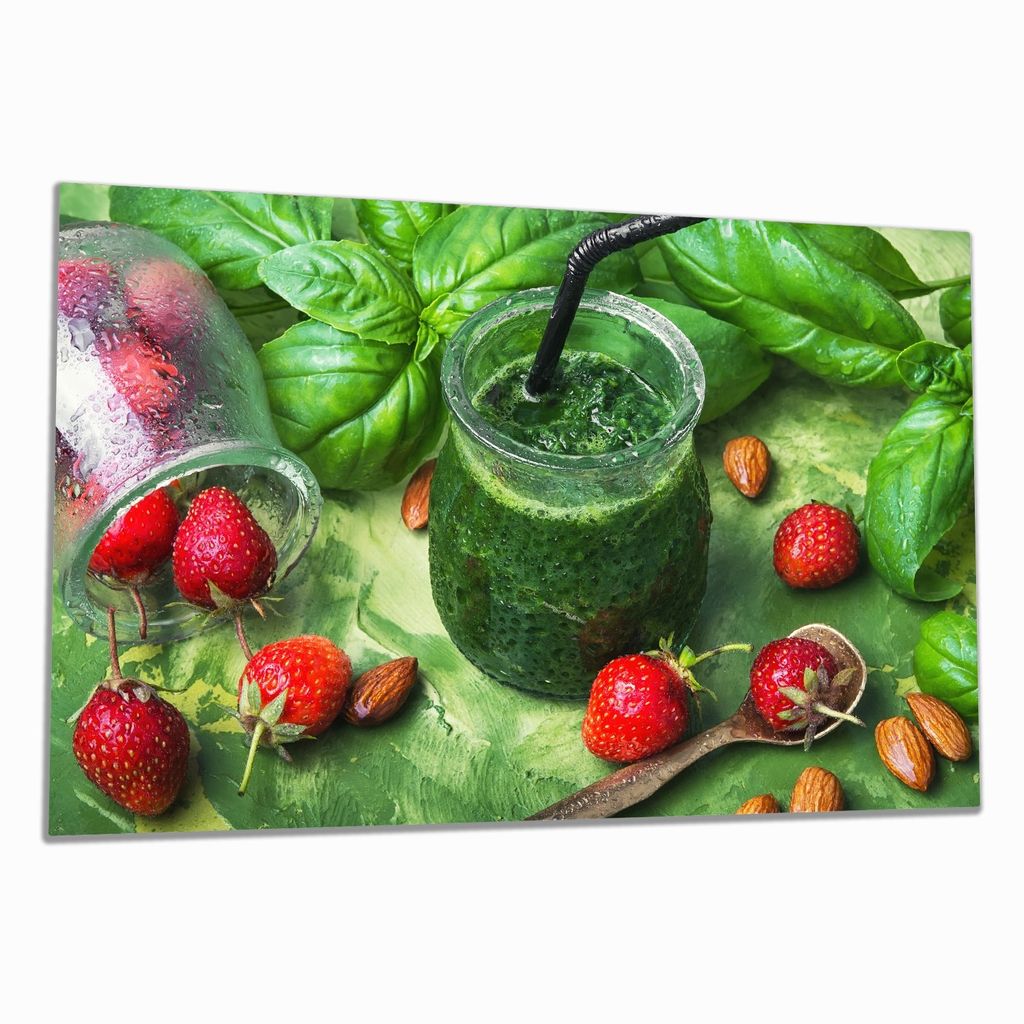 Wallario Herdabdeckplatte aus Glas, Größe 80 x 52 cm 1-teilig, Motiv Grüner Smoothie mit Erdbeeren