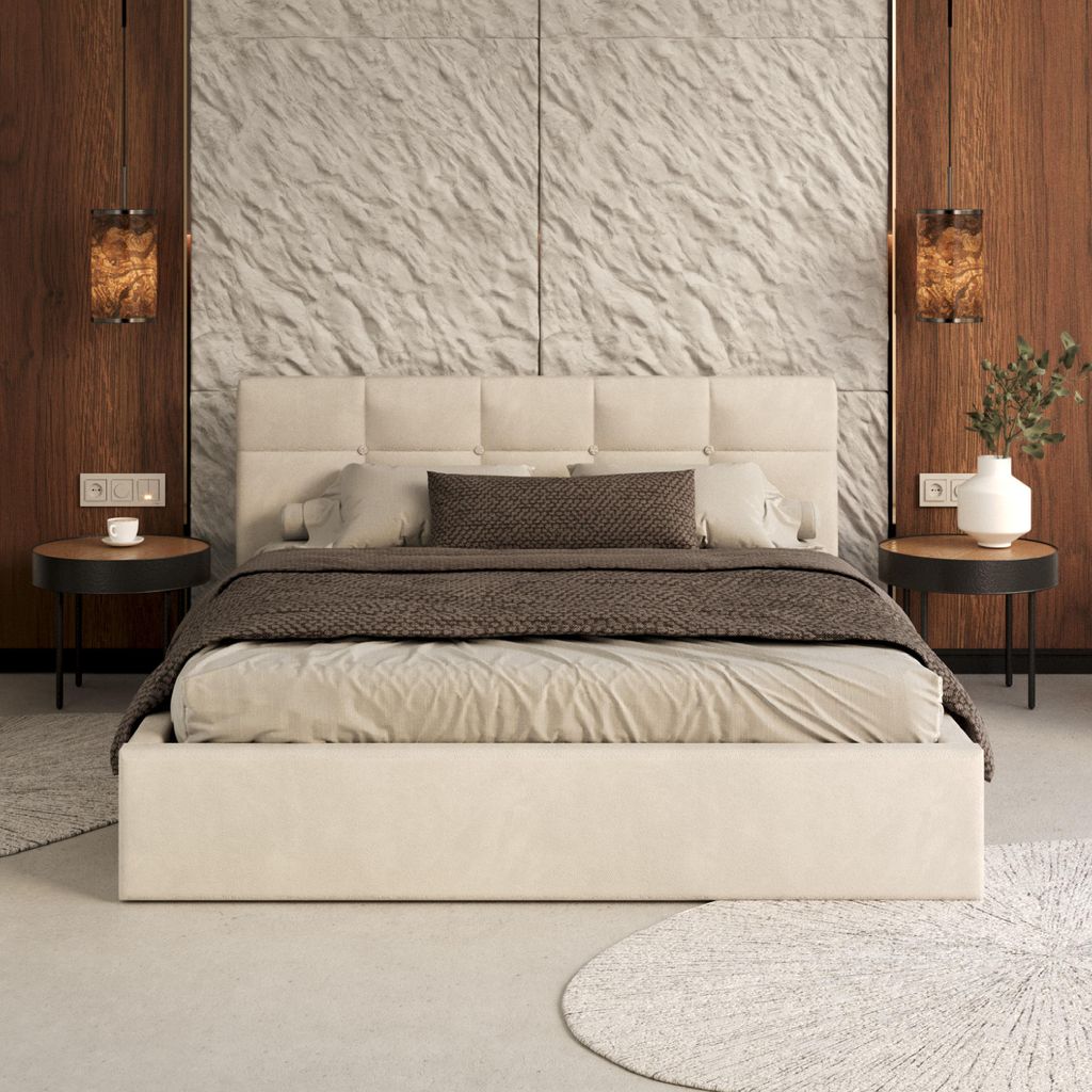 FDM Bett VEGAS Trinity 120x200 cm Polsterbett mit Lattenrost aus Metall Bettkasten Stauraumbett Samt beige