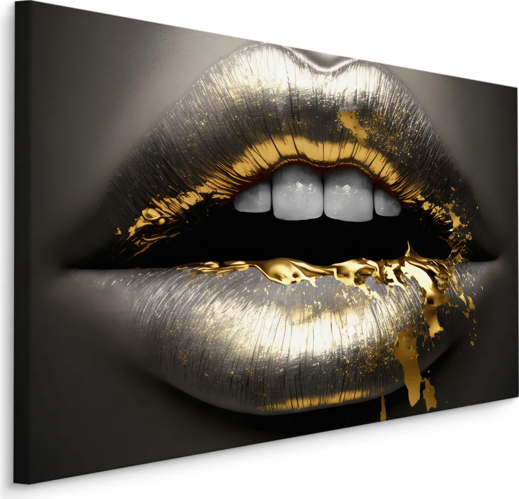 Muralo Quadro Astratto Labbra 3D Oro e Argento - Arte Murale 70x50