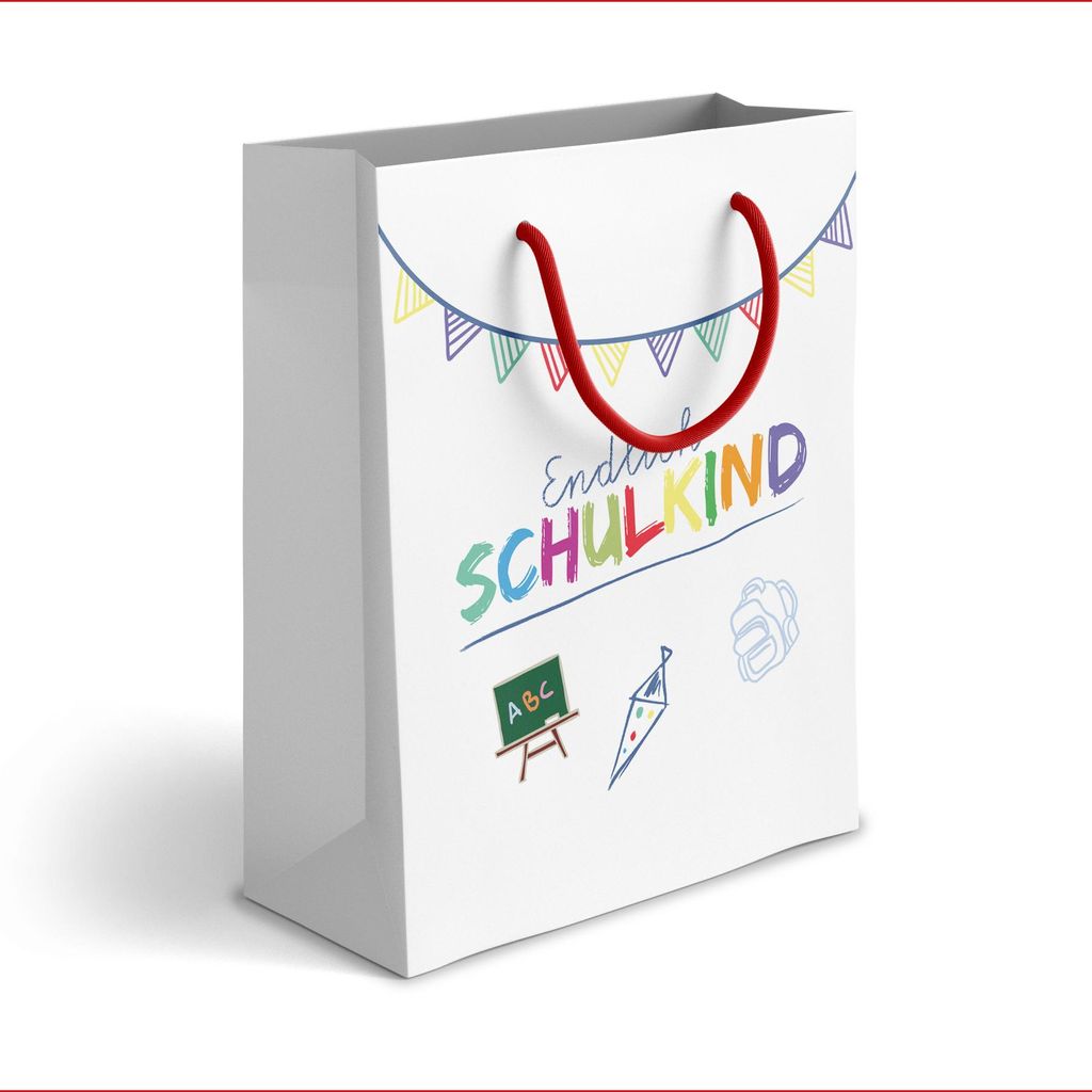 itenga Papiertragetasche mit Kordel Endlich Schulkind WEISS Geschenktüte zum Schulanfang