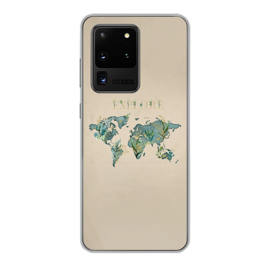 MuchoWow Handyhülle Schutzhülle Hülle für Samsung Galaxy S20 Ultra Weltkarte - Pflanzen - Wasser Silikon Softcase Handy Hülle - Karteninhaber
