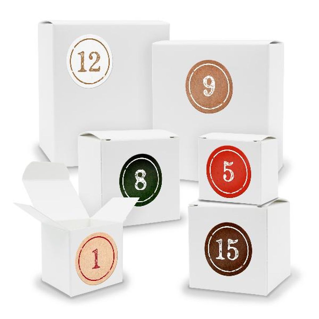 Adventskalender zum Füllen 24x Quader Würfel gemischt WEISS + Sticker (V01 Z02)