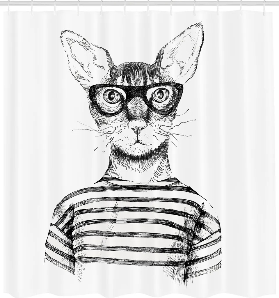 ABAKUHAUS Tenda da doccia con gatto, disegno a mano, abiti hipster, moda new age, gatto, spirito libero urbano, stampa artistica, tessuto, set decorativo per bagno con ganci, 175x200 cm, bianco e nero