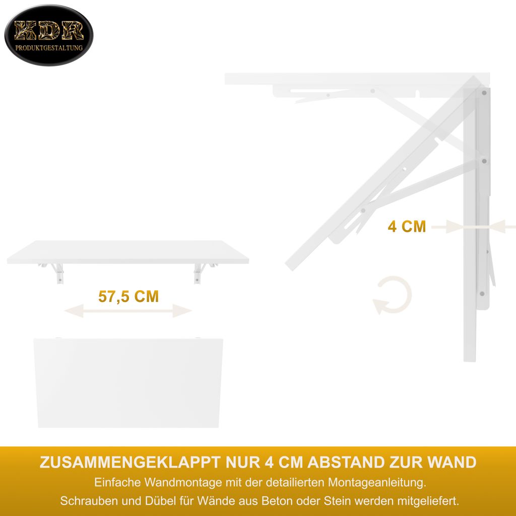 Wandklapptisch Schreibtisch Tischplatte 80x40 cm in Weiß Produktbild 6