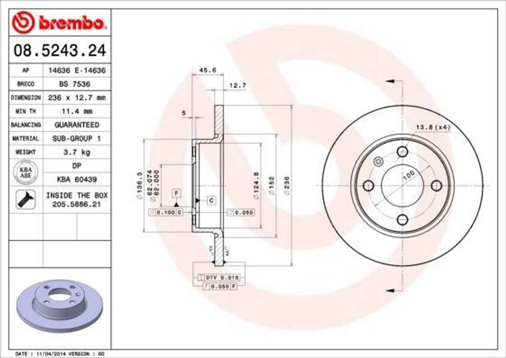 BREMBO 08.5243.24 Bremsscheibe OE 002415019 kompatibel mit Caddy, Felicia, Favorit