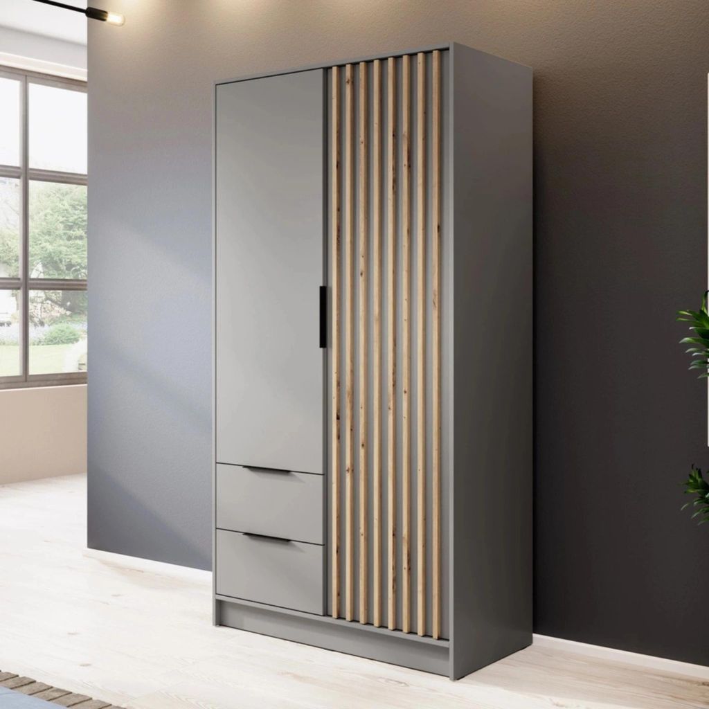 Kleiderschrank Stilo Grau Matt mit Lamellen – 105 cm, 2 Produktbild 