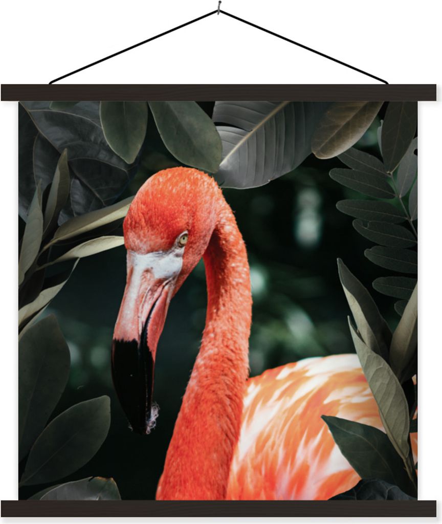 MuchoWow Textilposter Flamingo - Blätter - Porträt 90x90 cm mit schwarzem Rahmen - Magnetisches