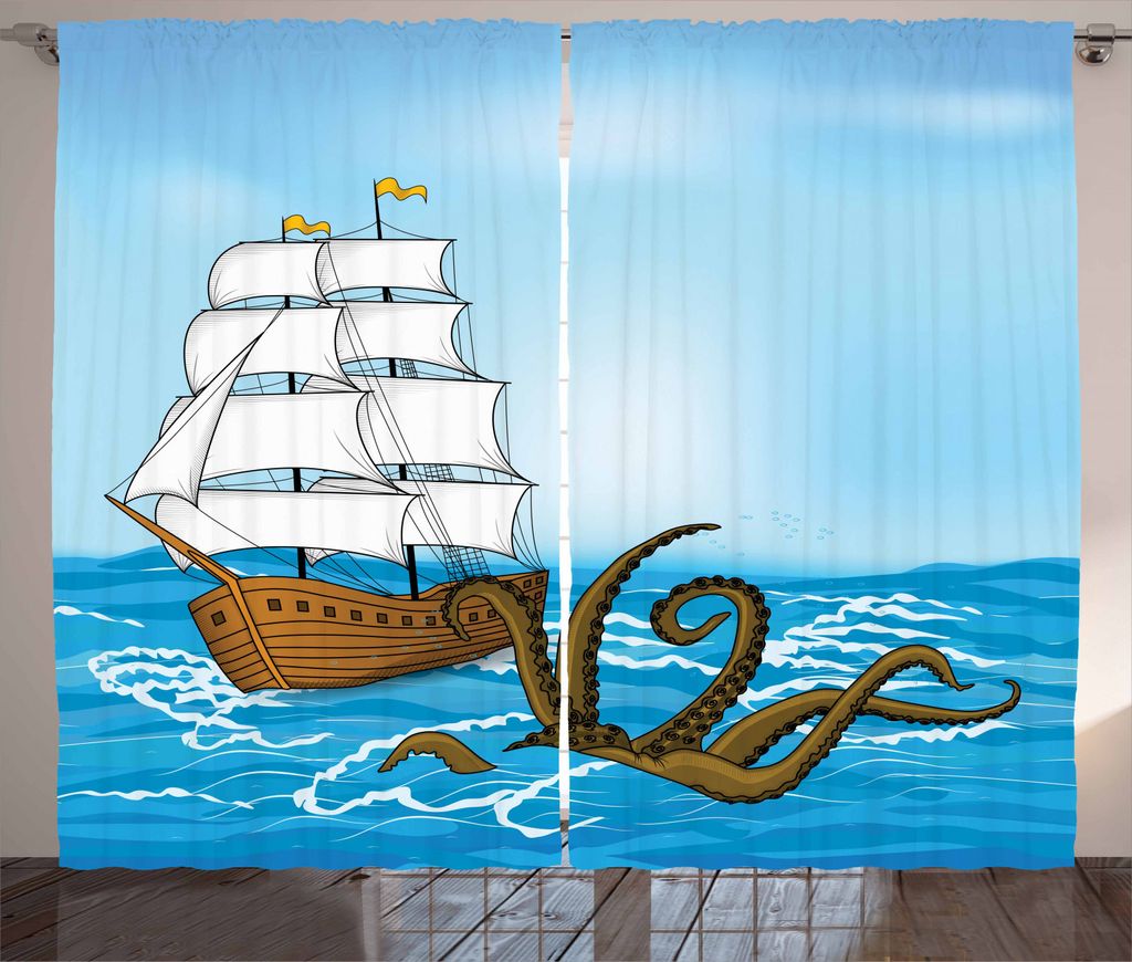 ABAKUHAUS Ozean Rustikaler Vorhang, Schiff in den Wellen und Kraken, Wohnzimmer Universalband Gardinen mit Schlaufen und Haken, 280 x 245 cm, Braun...