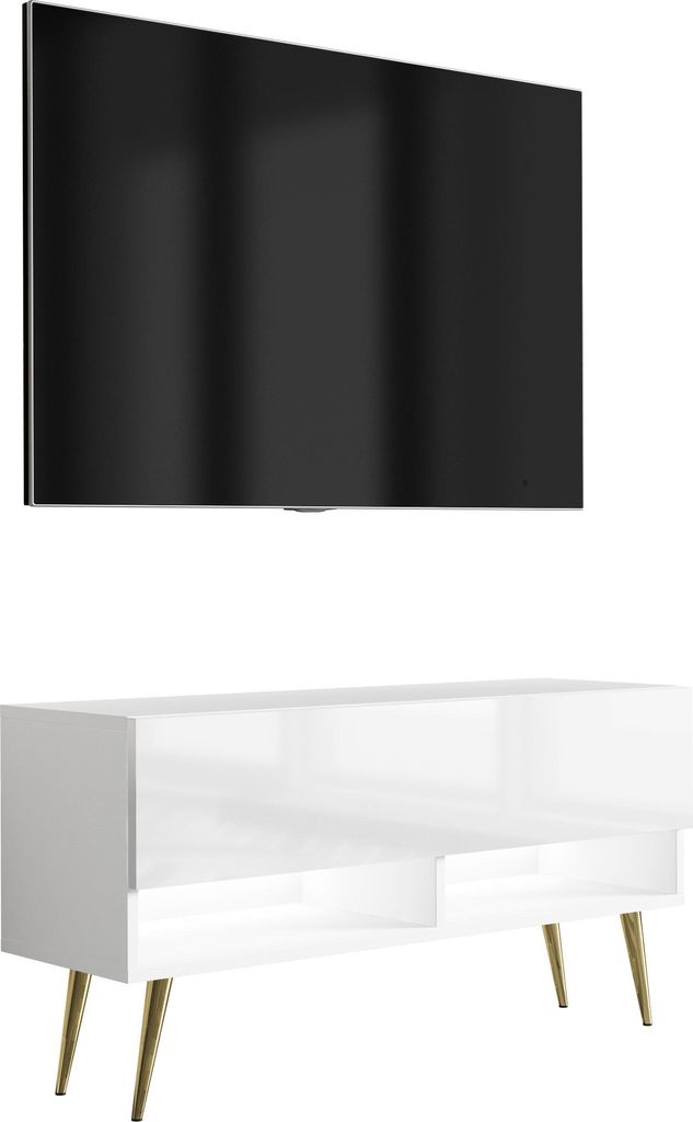 TV-Lowboard 100 cm Mattweiß / Hochglanzweiß, goldene schräge Beine, weiße LED, 100 × 32 × 52 cm