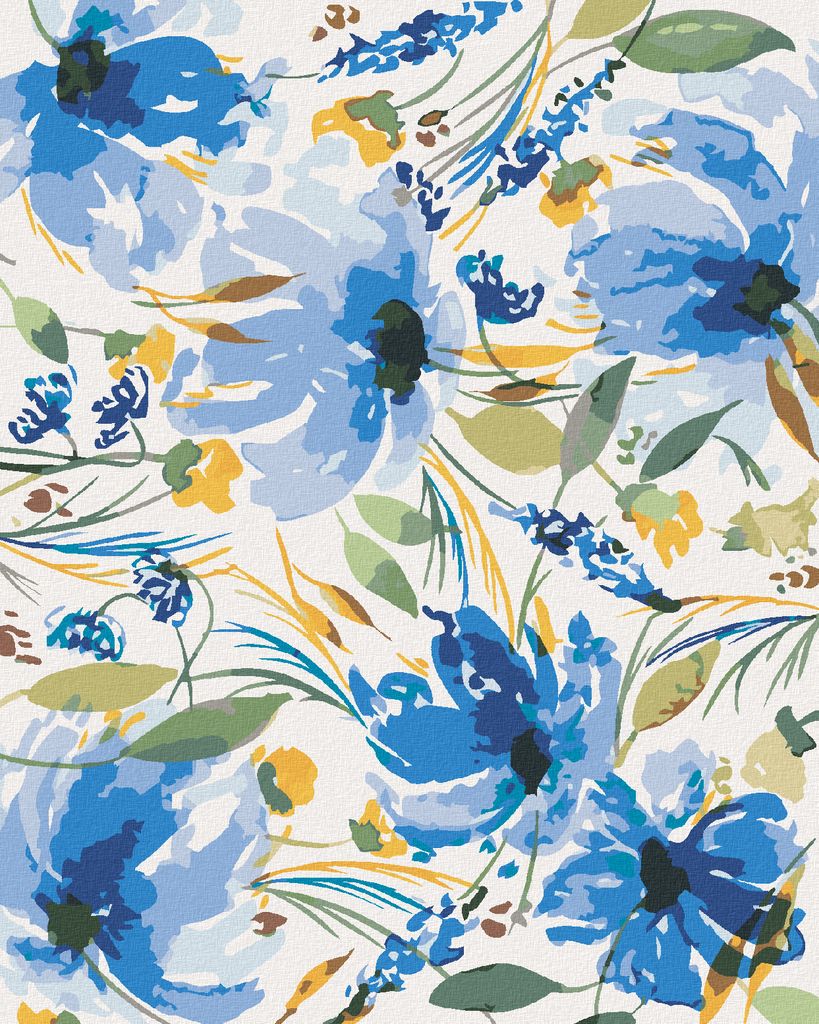 Zuty - Malen nach Zahlen - BLAUE BLUMEN ZWISCHEN BLÄTTERN (ALEXANDRIA GILBERT), 40x50 cm, mit Keilrahmen (bereits gespannt)