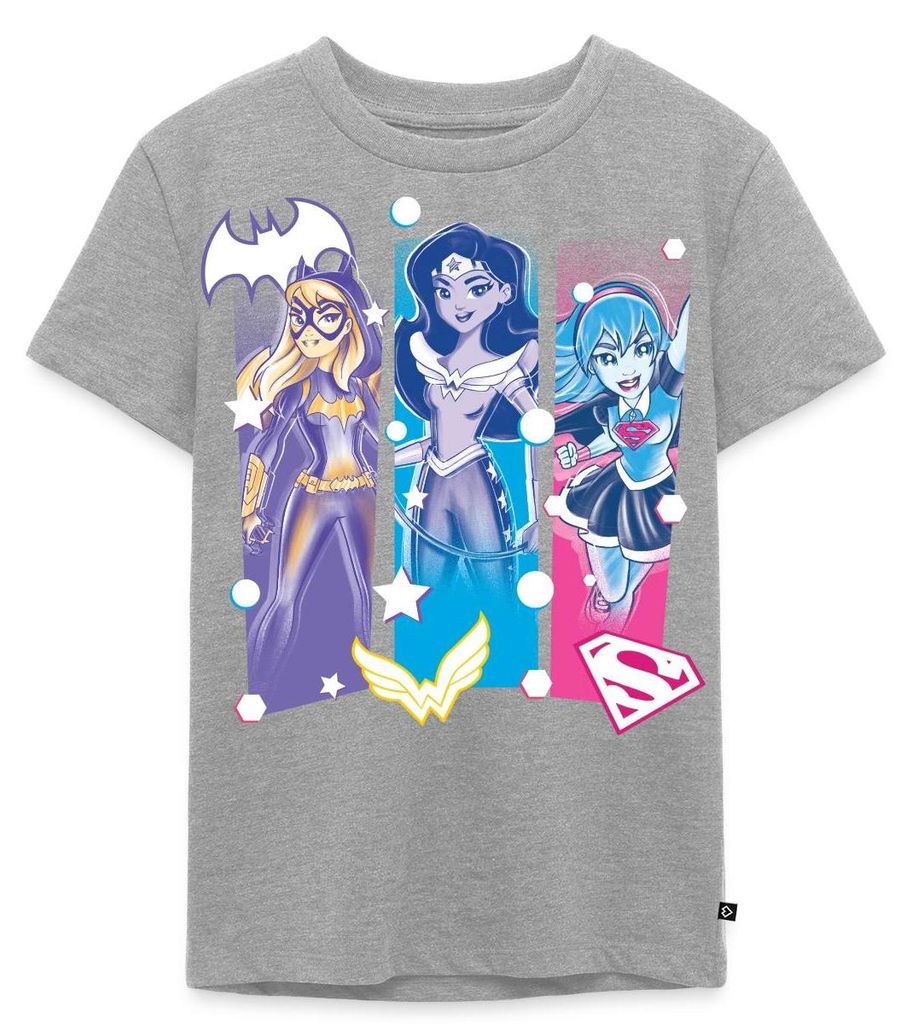 Spreadshirt Super Hero Girls Batgirl Wonder Woman Supergirl Logos Kinder Premium T-Shirt, 98/104 (2 Jahre), Grau meliert