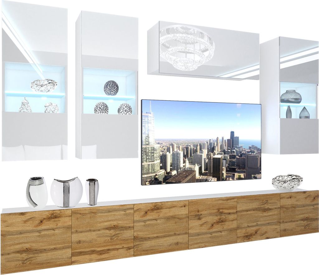 BELINI Wohnwand Vollausstattung Wohnzimmer-Set Moderne Schrankwand mit LED-Beleuchtung Weiß Glänzend Anbauwand TV-Schrank Weiß / Eiche Wotan Gl...