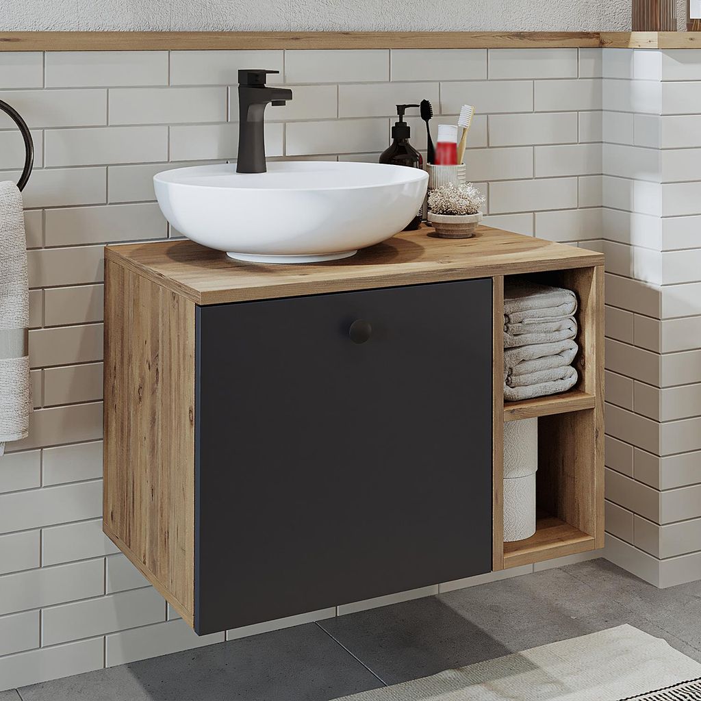 Roomart LOTUS-I-65 Badmöbel Set– 2-teiliges Badezimmermöbel Set - Waschbecken mit Unterschrank - H 45 x B 45 x T 65 cm - Anthrazit-Eiche