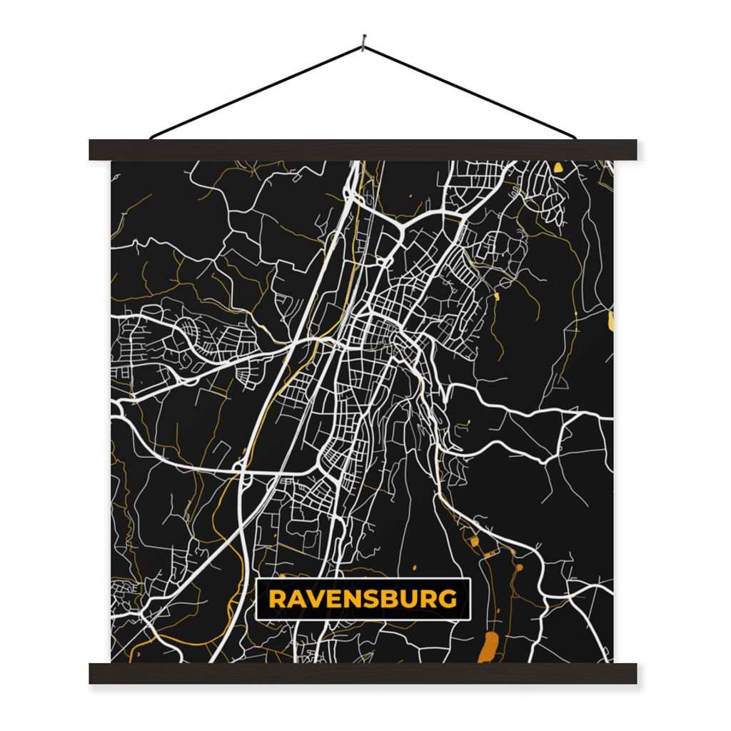 MuchoWow Textilposter Schwarz und Gold - Stadtplan - Ravensburg - Deutschland - Karte 40x40 cm mit schwarzem Rahmen - Fotos