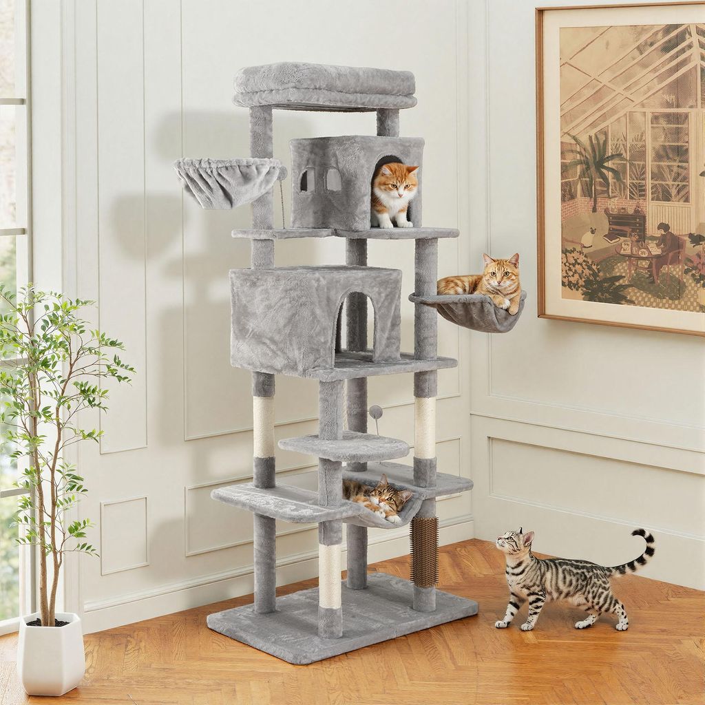 Kratzbaum für große Katzen, Kratzbrett, Katzenbürste, große Plattformen, Plüschkissen, Höhle, 78 x 46 x 176 cm, Grau
