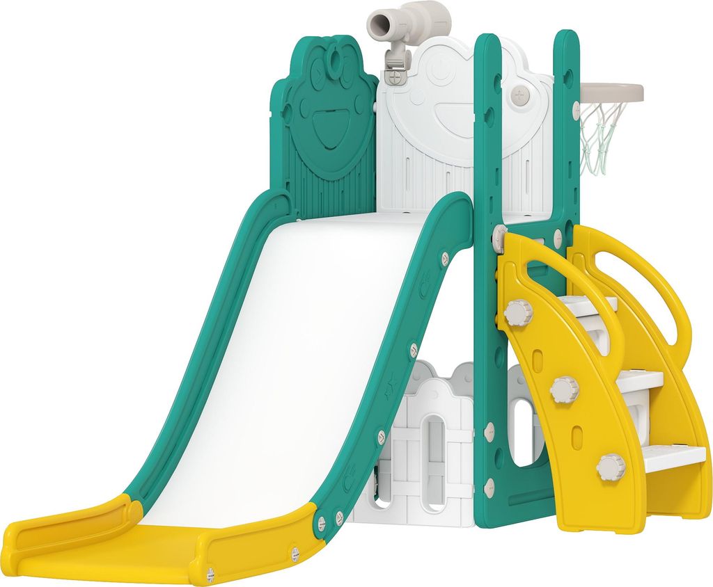 AIYAPLAY Kinderrutsche 5 in 1 Indoor und Outdoor Babyrutsche mit Basketballkorb, Klettergerüst, Spielteleskope, Stauraum, Frosch-Motiv Spielplatz ...