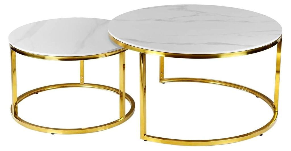 Couchtisch 2er Set Beistelltisch Kaffeetisch Wohnzimmertisch weiß Marmor Marmoreffekt Gold Rund 80x45 & 60x39,5cm